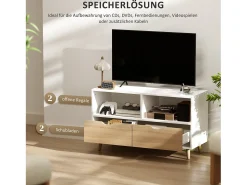 Discount Suporte baixo para TV com pés, estilo escandinavo, 2 gavetas, acabamento em carvalho claro e . Branco