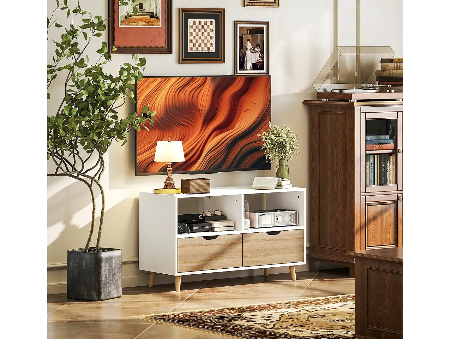 Discount Suporte baixo para TV com pés, estilo escandinavo, 2 gavetas, acabamento em carvalho claro e . Branco