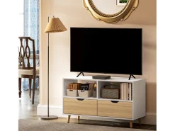 Discount Suporte baixo para TV com pés, estilo escandinavo, 2 gavetas, acabamento em carvalho claro e . Branco
