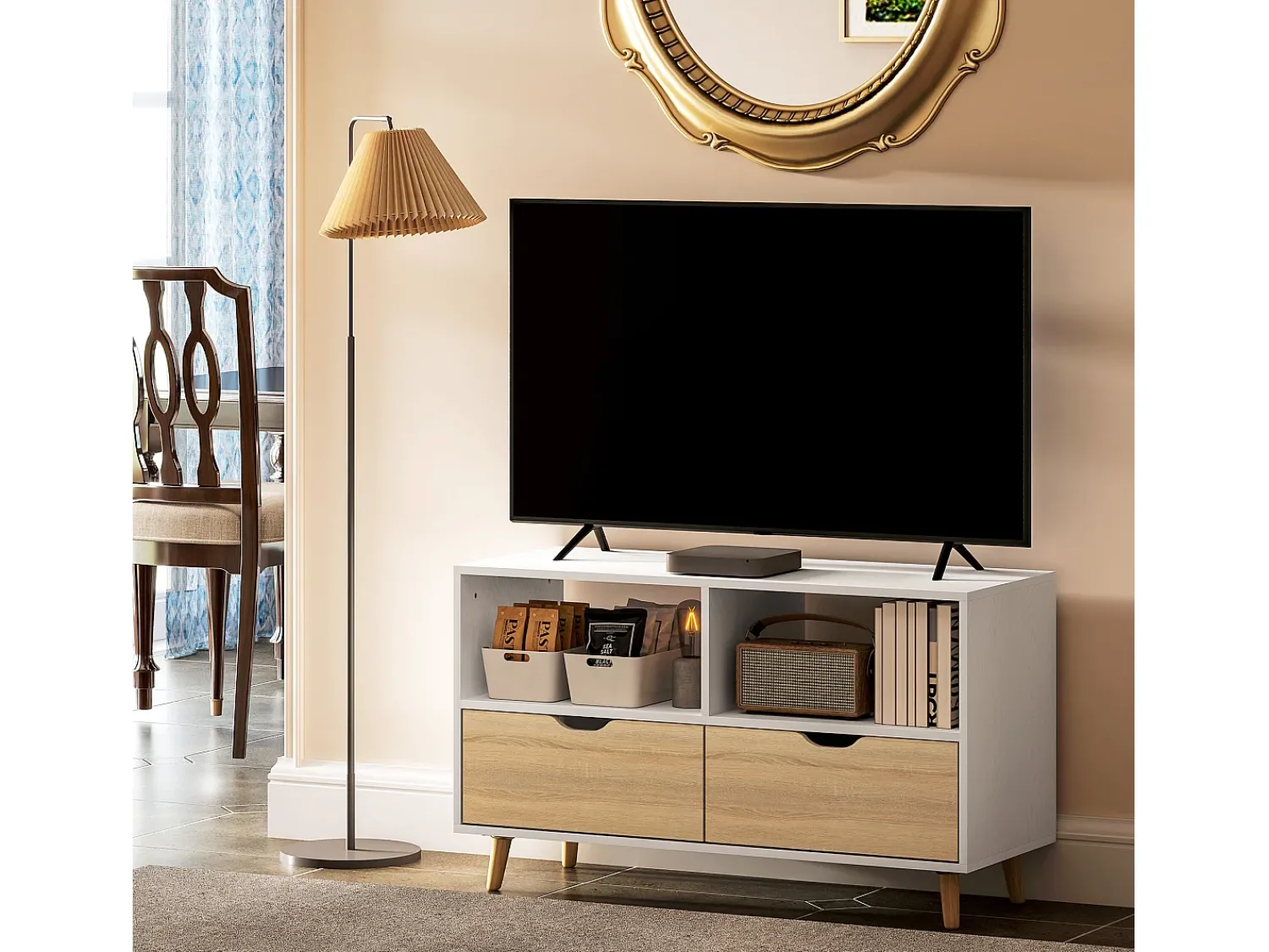 Discount Suporte baixo para TV com pés, estilo escandinavo, 2 gavetas, acabamento em carvalho claro e . Branco