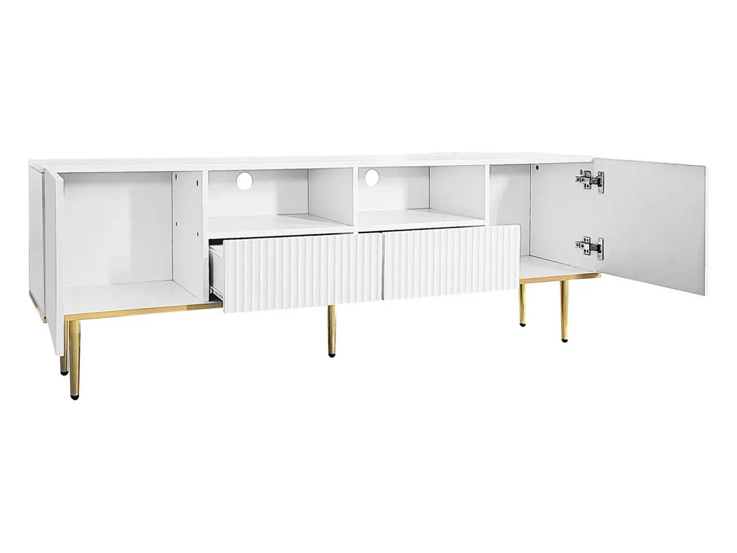 Suporte baixo para TV com 2 gavetas e 2 portas, unidade de armazenamento com pés e detalhes dourados, banco de TV^ Móvel De Tv