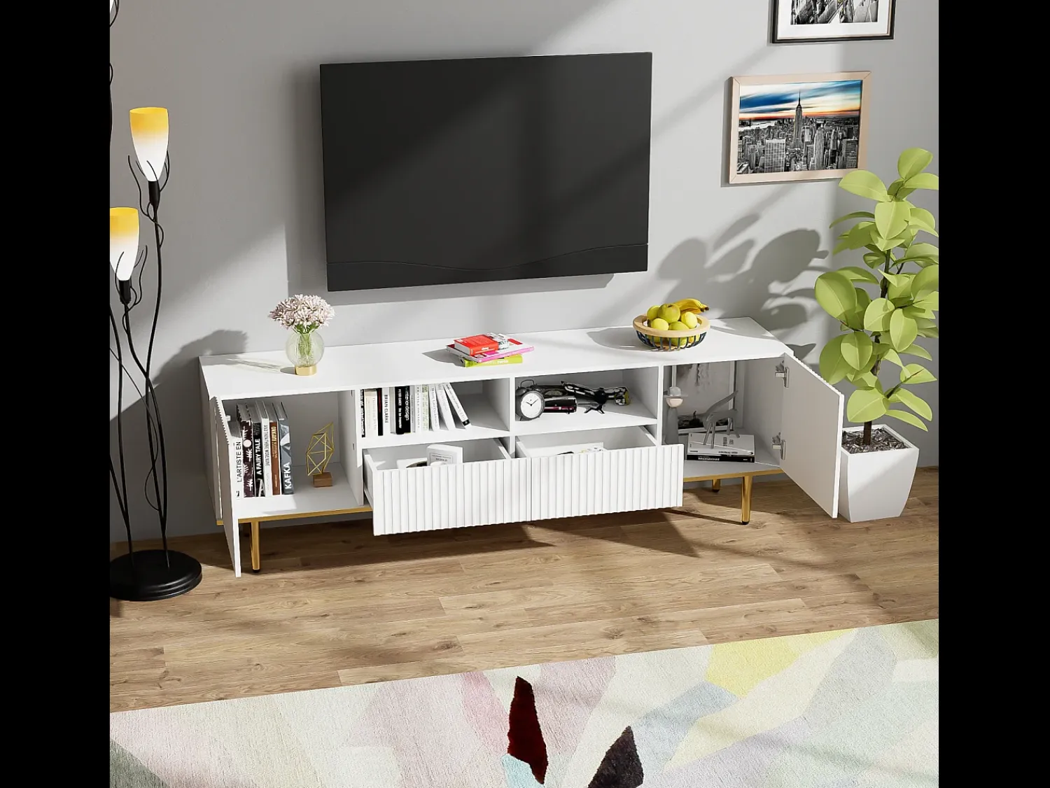 Suporte baixo para TV com 2 gavetas e 2 portas, unidade de armazenamento com pés e detalhes dourados, banco de TV^ Móvel De Tv