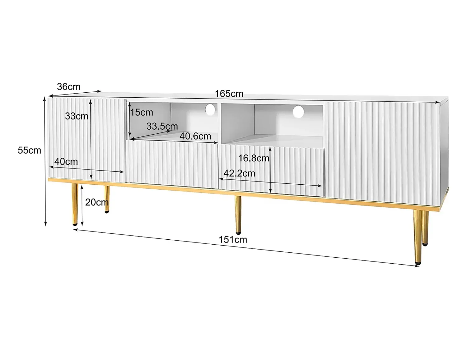 Suporte baixo para TV com 2 gavetas e 2 portas, unidade de armazenamento com pés e detalhes dourados, banco de TV^ Móvel De Tv