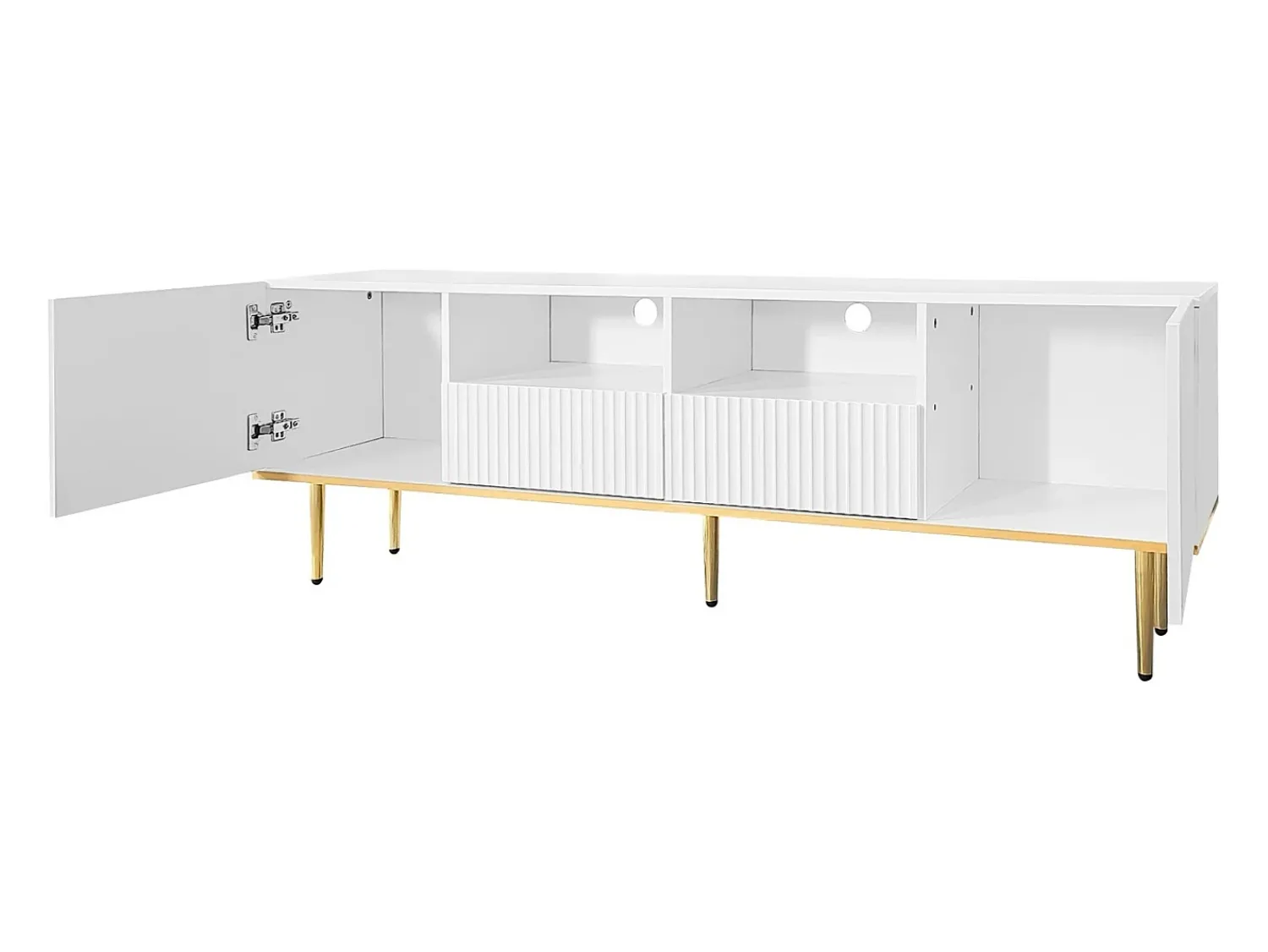 Suporte baixo para TV com 2 gavetas e 2 portas, unidade de armazenamento com pés e detalhes dourados, banco de TV^ Móvel De Tv