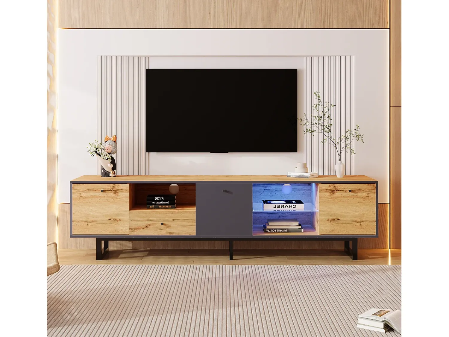 Suporte baixo para TV, suporte para TV LED de 190 cm, com divisória de vidro, compartimentos e gaveta, acabamento em madeira industrial.^ Móvel De Tv