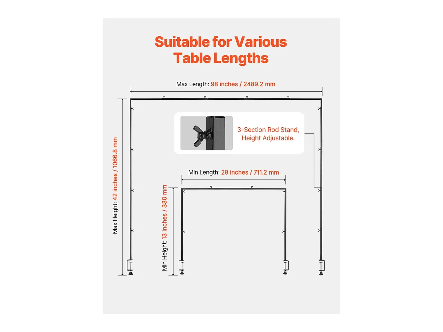 Prateleira* Suporte de Haste de Mesa SucceBuy com Pinças, Suporte de Arco de Mesa, Altura Ajustável 33-107 cm Comprimento Ajustável 71.1-249 cm, Quadro de Arco de Metal Preto
