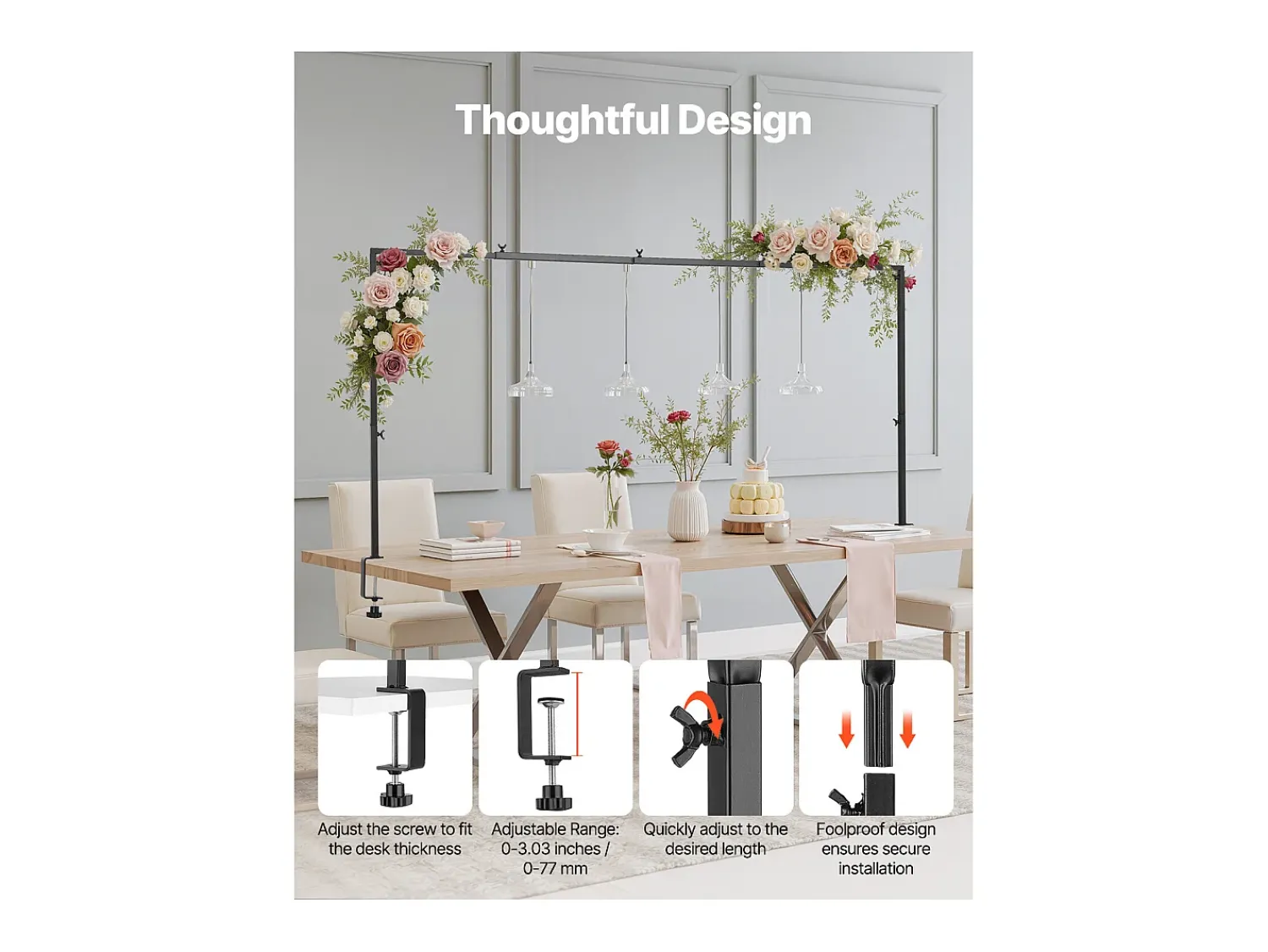 Prateleira* Suporte de Haste de Mesa SucceBuy com Pinças, Suporte de Arco de Mesa, Altura Ajustável 33-107 cm Comprimento Ajustável 71.1-249 cm, Quadro de Arco de Metal Preto