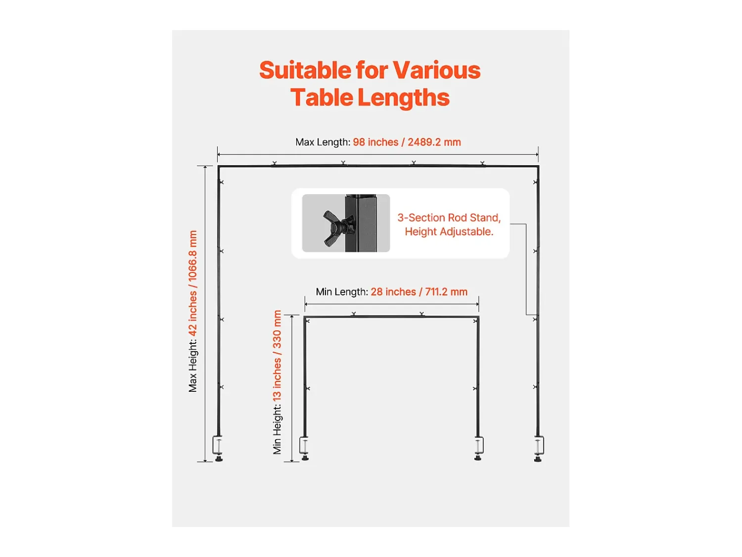 Prateleira* Suporte de Haste de Mesa SucceBuy com Pinças, Suporte de Arco de Mesa, 2 PCS, Altura Ajustável 33-106.7 cm Comprimento Ajustável 71.1-249 cm, Quadro de Arco Preto