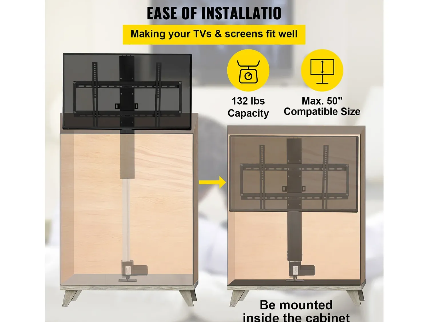 Suporte de Parede Motorizado para TV SucceBuy, Suporte de TV de 71 CM, Suporte Ajustável para TVs de 66 a 145 CM, Comando, Capacidade para 60 KG^ Móvel De Tv