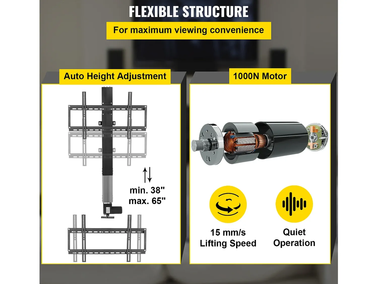 Suporte de Parede Motorizado para TV SucceBuy, Suporte de TV de 71 CM, Suporte Ajustável para TVs de 66 a 145 CM, Comando, Capacidade para 60 KG^ Móvel De Tv