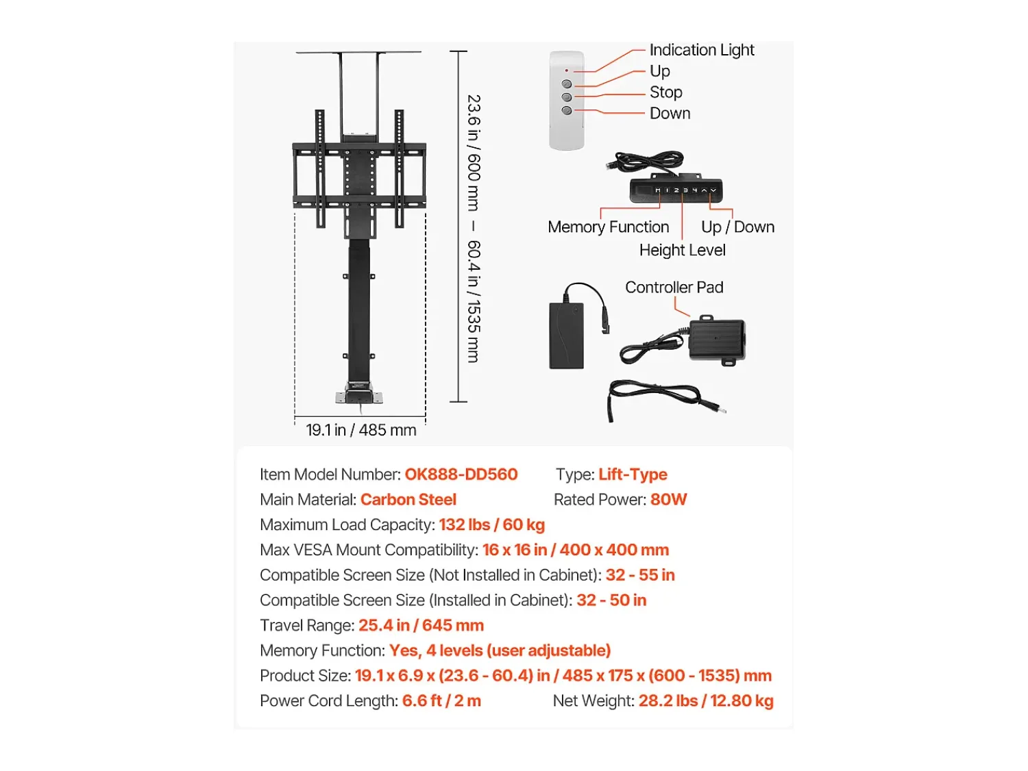 Suporte de Parede para TV SucceBuy Suporte de TV Motorizado com Comando, Suporte de TV Elétrico Ajustável para Televisores de 81 a 140 cm (Exceto Caixa) Preto