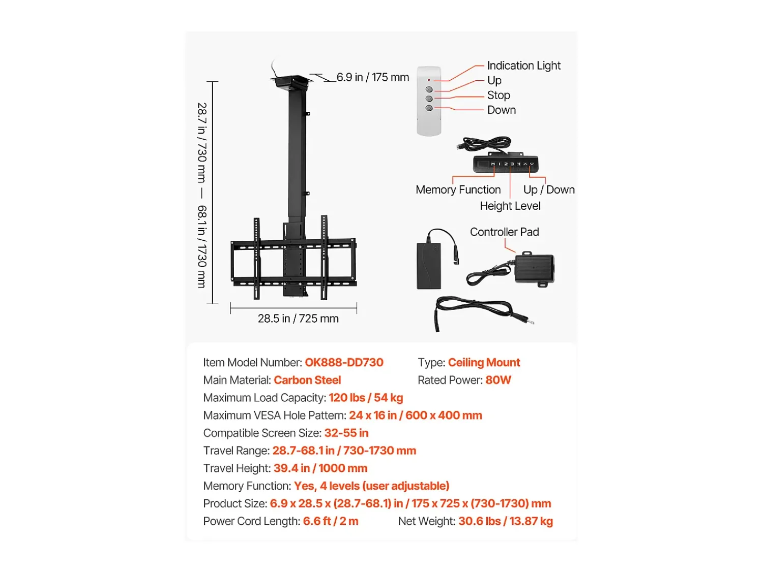 Suporte de Parede para TV SucceBuy Suporte de Teto Motorizado para TV - Ecrã de 81 a 140 cm - Suporte de Teto Ajustável Eletricamente^ Móvel De Tv