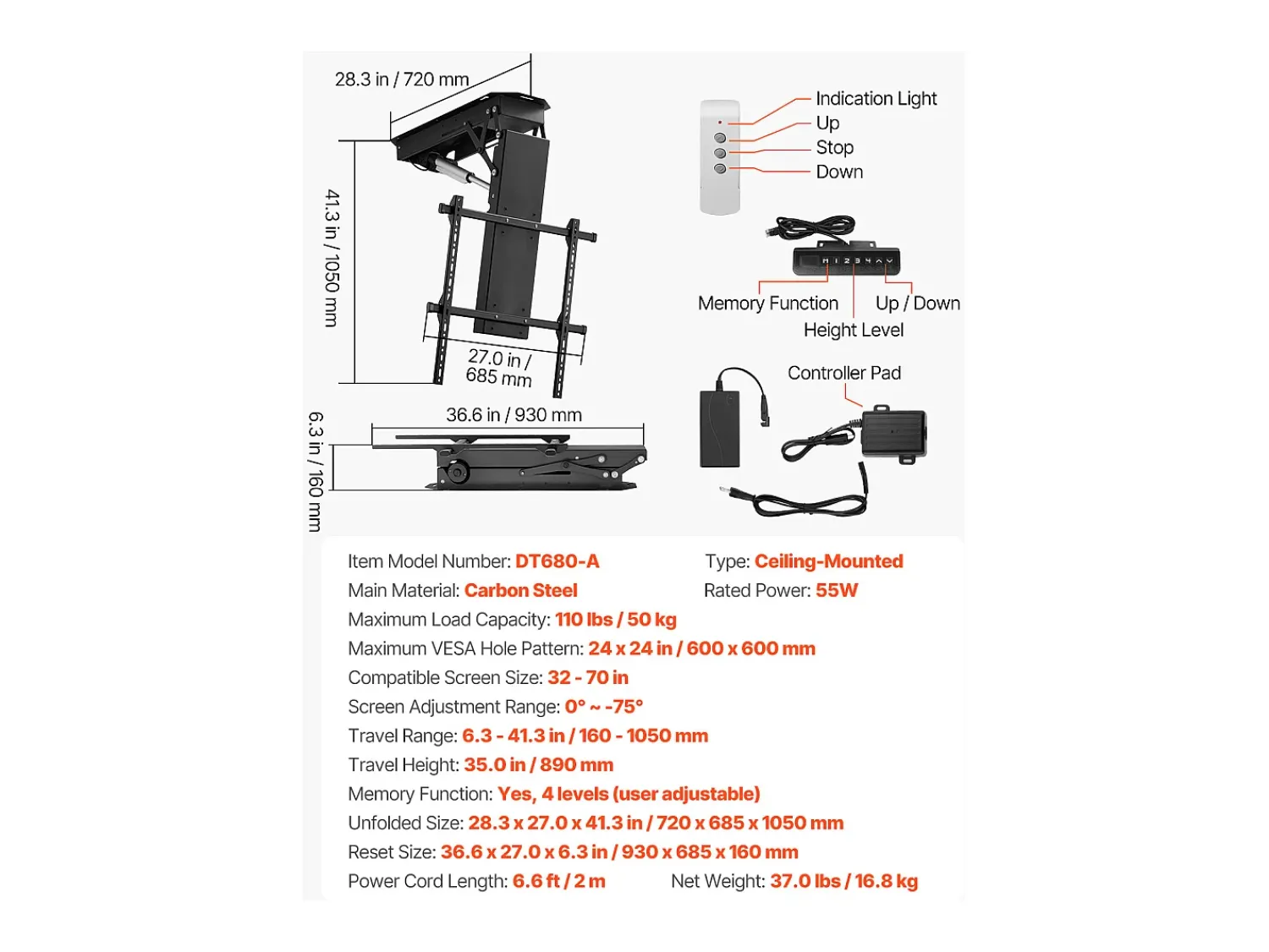 Suporte de Parede para TV SucceBuy Suporte de Teto Motorizado para TV - Dobrável Eletricamente para Ecrãs de 81 a 178 cm^ Móvel De Tv