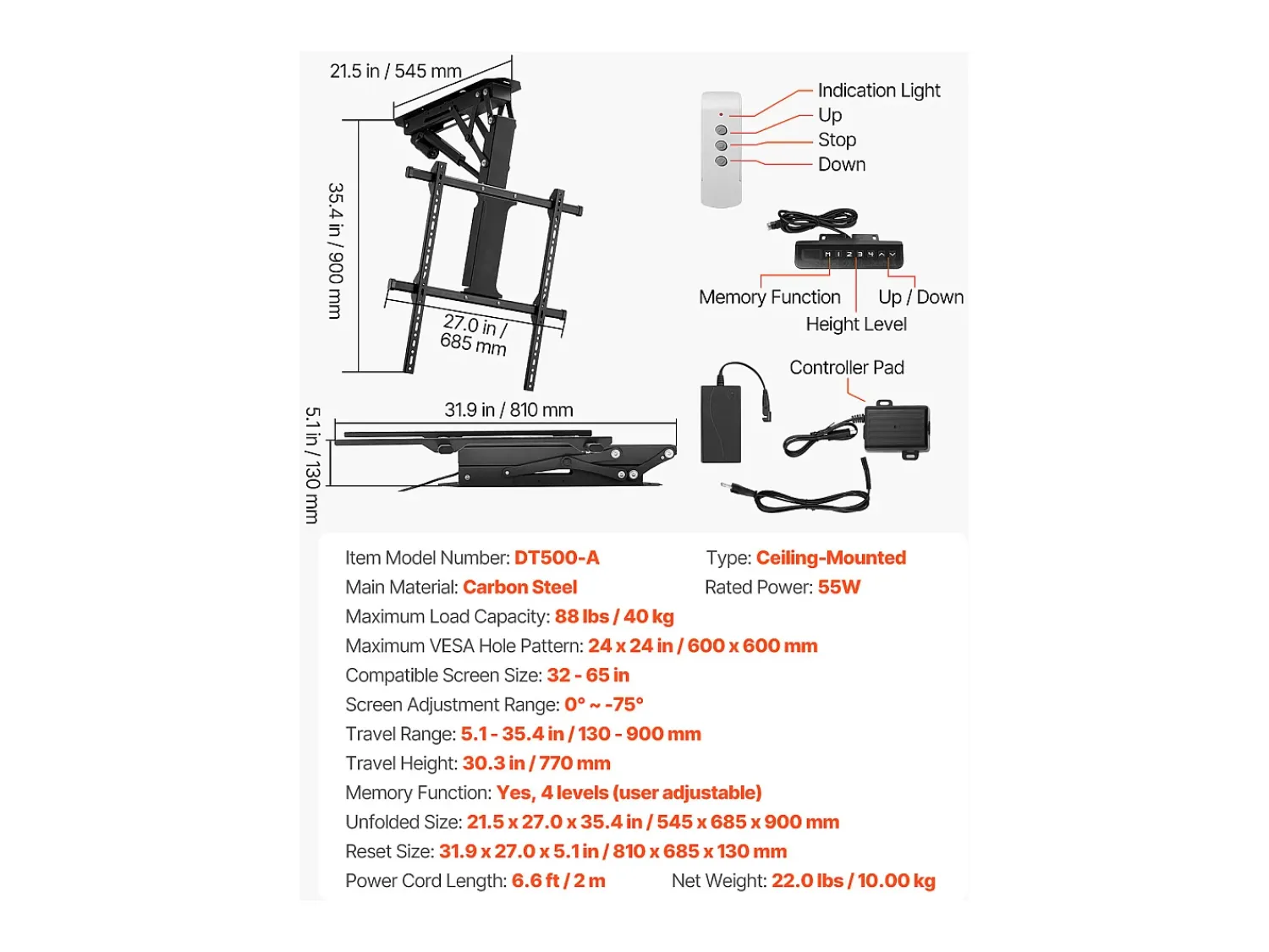 Sale Suporte de Parede para TV SucceBuy Suporte de Teto Motorizado para TV - Dobrável Eletricamente para Ecrãs de 81 a 165 cm Preto