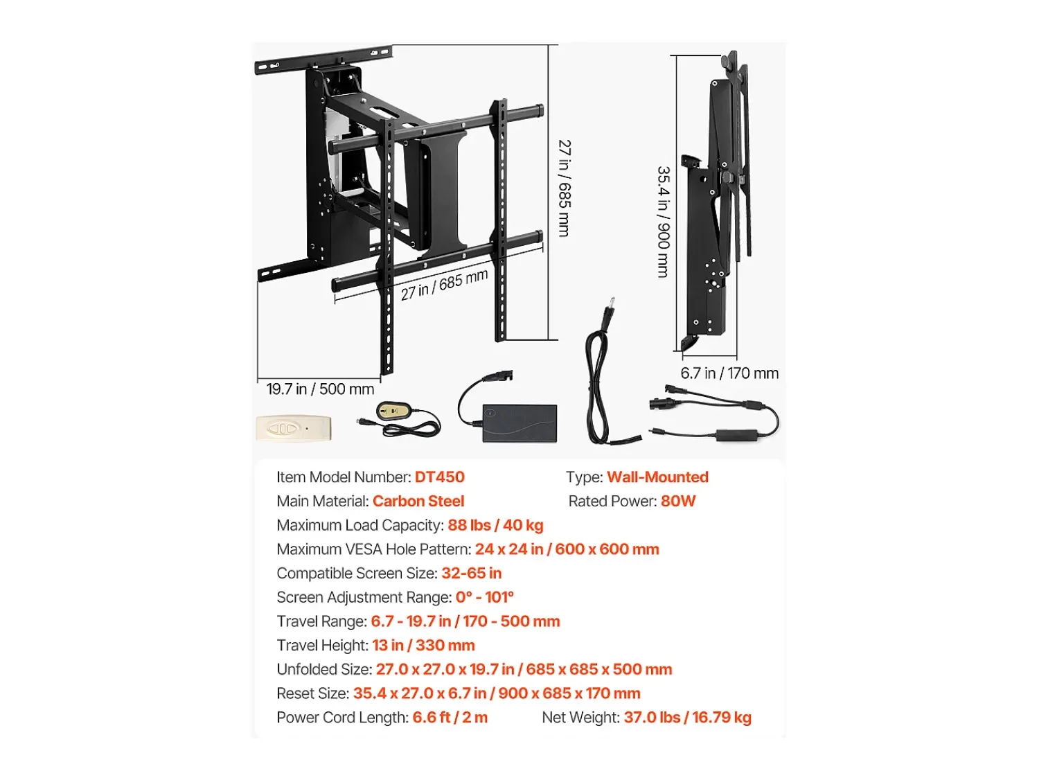 Móvel De Tv| Suporte de Parede para TV SucceBuy Suporte de Parede Elétrico Motorizado para TVs de 813 a 1651 mm, Suporte de TV Ajustável Eletricamente com VESA 60 x 60 cm Preto