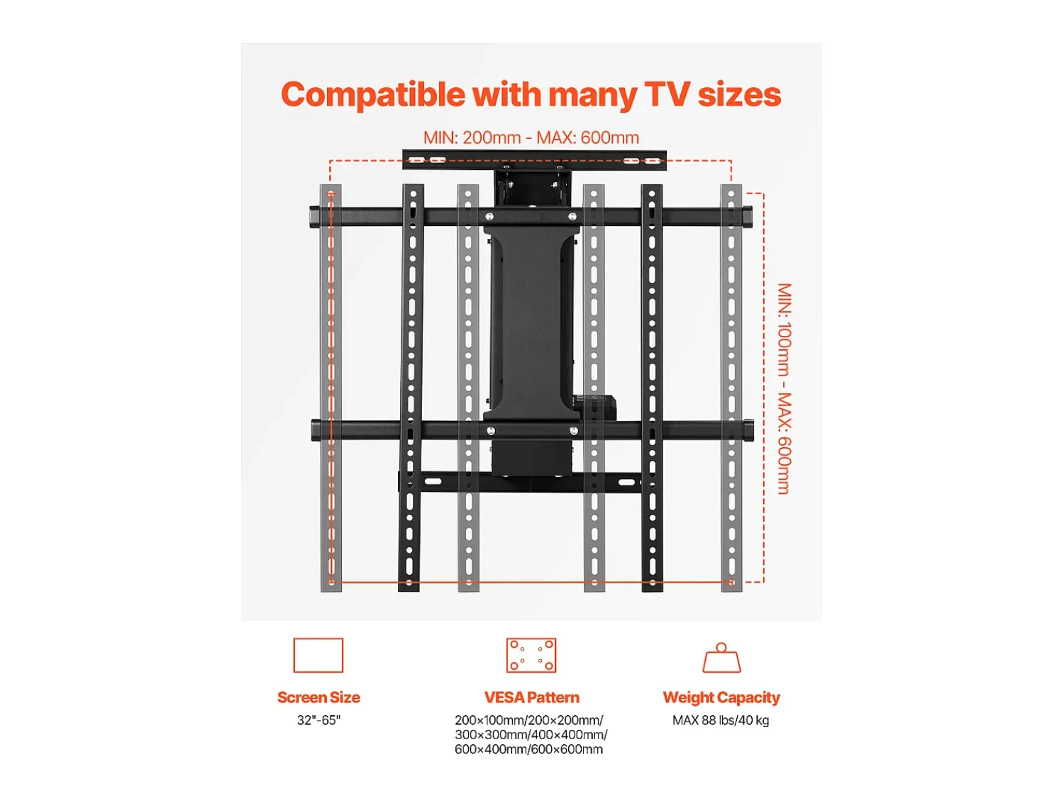 Móvel De Tv| Suporte de Parede para TV SucceBuy Suporte de Parede Elétrico Motorizado para TVs de 813 a 1651 mm, Suporte de TV Ajustável Eletricamente com VESA 60 x 60 cm Preto