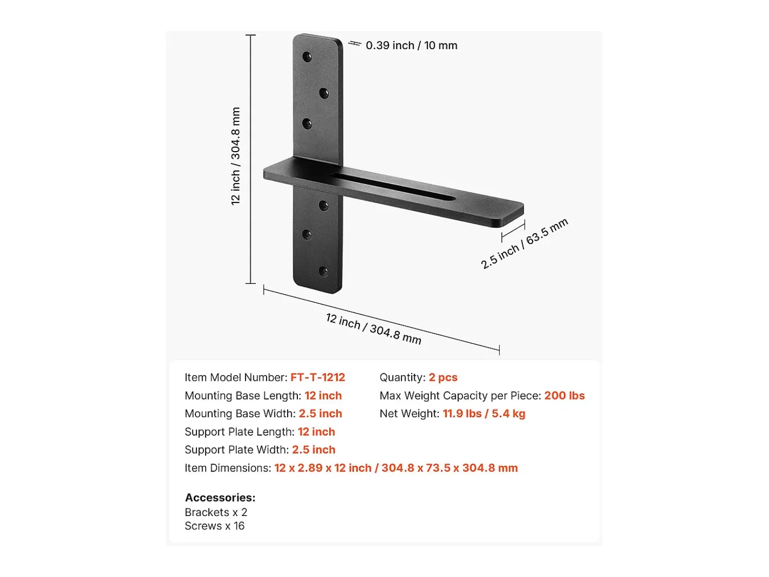 Clearance Suporte de Prateleira Flutuante SucceBuy, 30.48x7.35x30.48 cm, Suportes de Parede Invisíveis em T Resistentes, Conjunto de 2, Capacidade de Carga 90 kg Preto