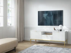 Hot Suporte de TV 2 portas e 1 gaveta com pés de metal dourado, 154x56 cm Branco