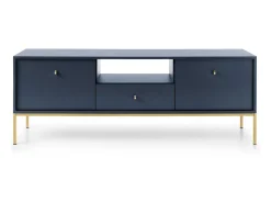 Móvel De Tv| Suporte de TV 2 portas e 1 gaveta com pés de metal dourado, 154x56 cm Azul