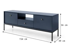 Móvel De Tv| Suporte de TV 2 portas e 1 gaveta com pés de metal dourado, 154x56 cm Azul