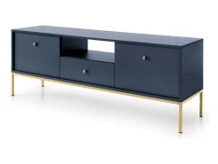 Móvel De Tv| Suporte de TV 2 portas e 1 gaveta com pés de metal dourado, 154x56 cm Azul