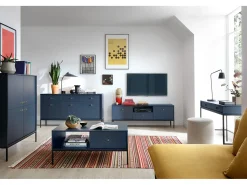 Suporte de TV 2 portas e 1 gaveta com pés de metal preto, 154x56 cm^ Móvel De Tv