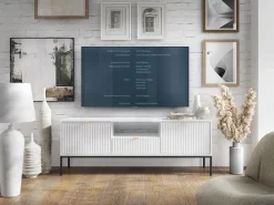 Móvel De Tv* Suporte de TV 2 portas e 1 gaveta com pés de metal preto, 154x56 cm Branco