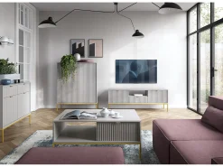 Online Suporte de TV 2 portas e 1 gaveta com pés de metal dourado, 154x56 cm Cinzento