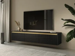 Suporte de TV 3 portas em madeira laminada preta 180x42 cm^ Móvel De Tv