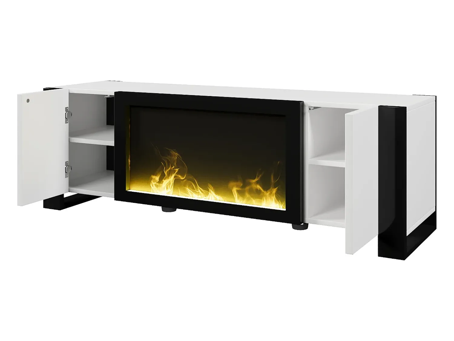 Discount Suporte de TV baixo com lareira elétrica, efeito de chama, sem função de aquecimento, e branco. Preto