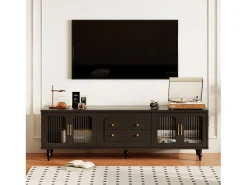 Suporte de TV baixo em estilo retrô com 6 compartimentos de armazenamento, pés de madeira maciça, .^ Móvel De Tv