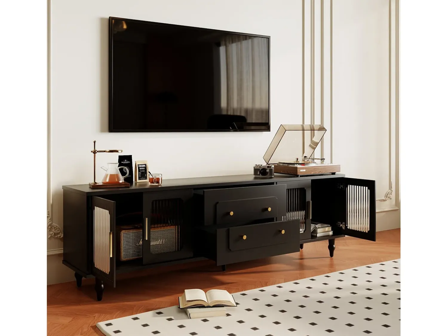 Suporte de TV baixo em estilo retrô com 6 compartimentos de armazenamento, pés de madeira maciça, .^ Móvel De Tv