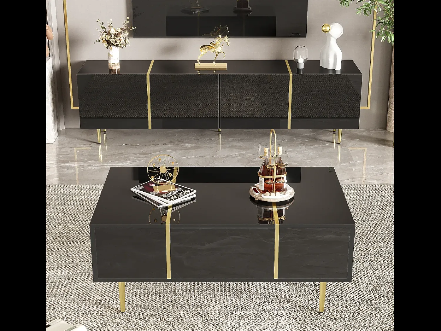 Hot Suporte de TV Brilliance e conjunto moderno de mesa de centro, armários de armazenamento, Preto