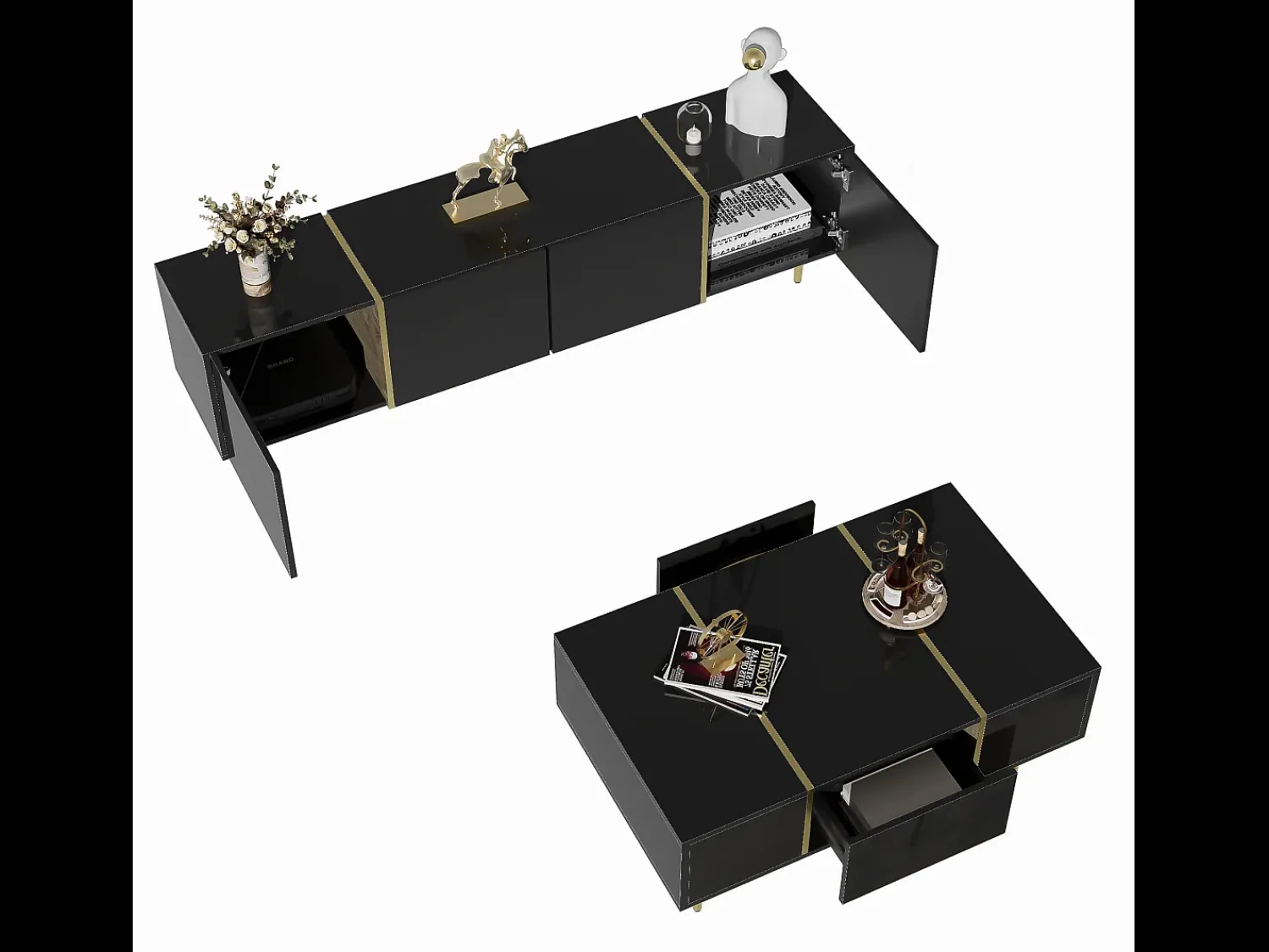 Hot Suporte de TV Brilliance e conjunto moderno de mesa de centro, armários de armazenamento, Preto