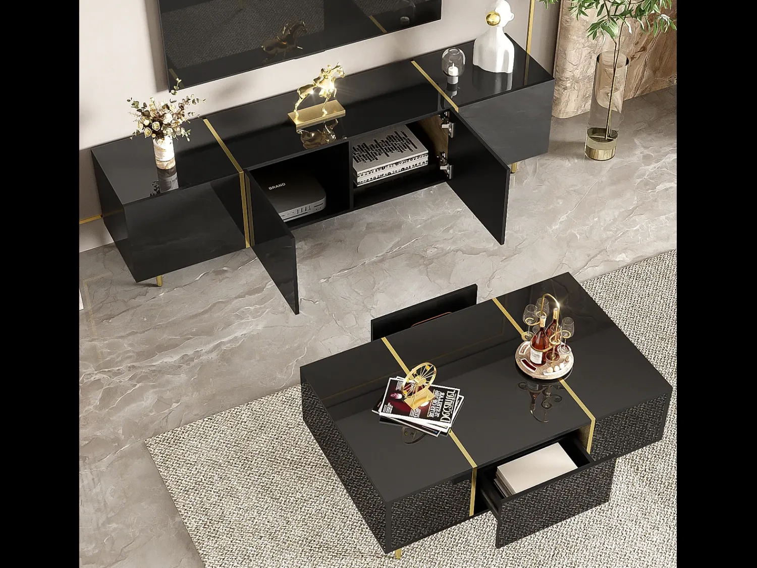 Hot Suporte de TV Brilliance e conjunto moderno de mesa de centro, armários de armazenamento, Preto