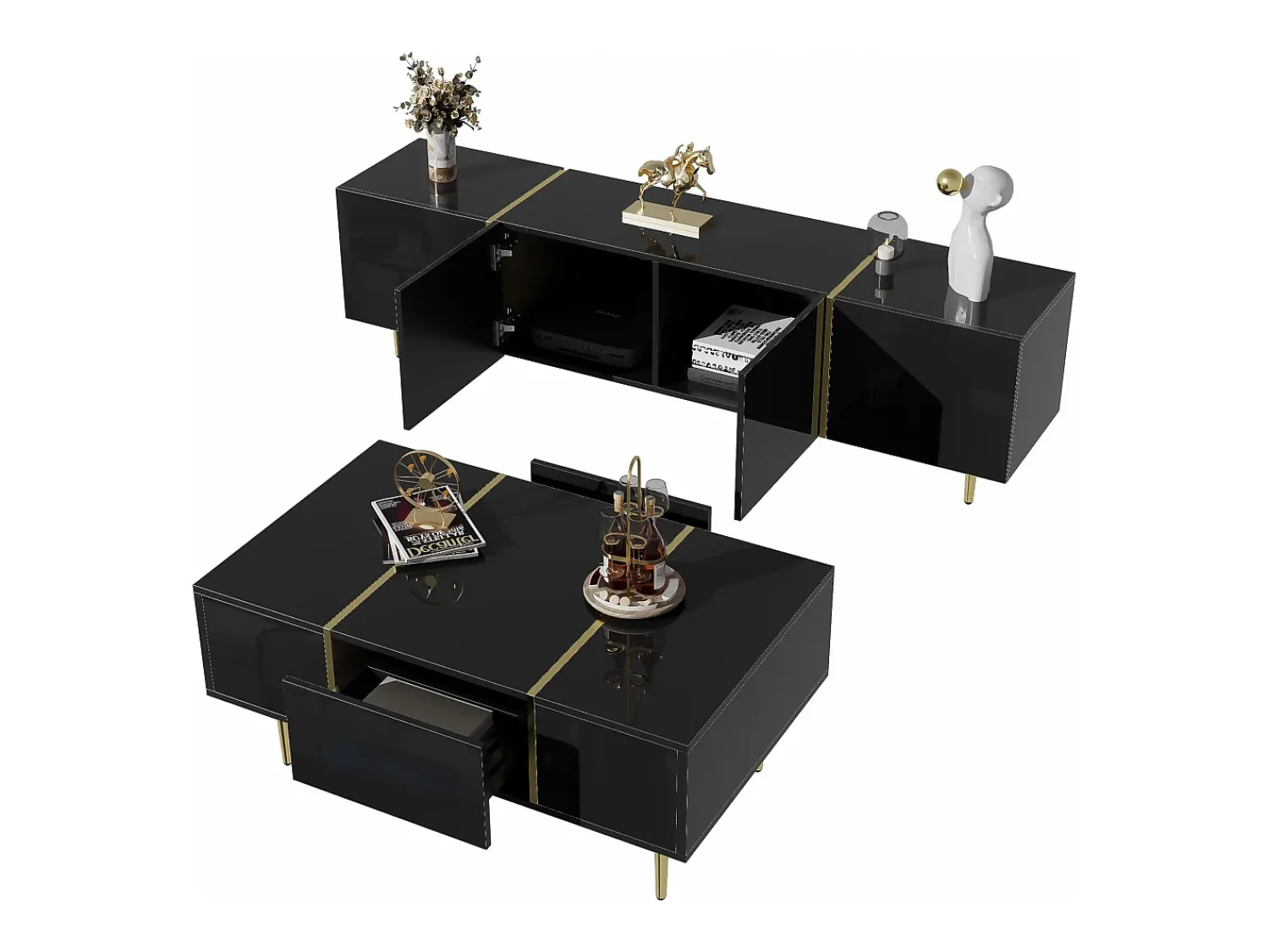 Hot Suporte de TV Brilliance e conjunto moderno de mesa de centro, armários de armazenamento, Preto