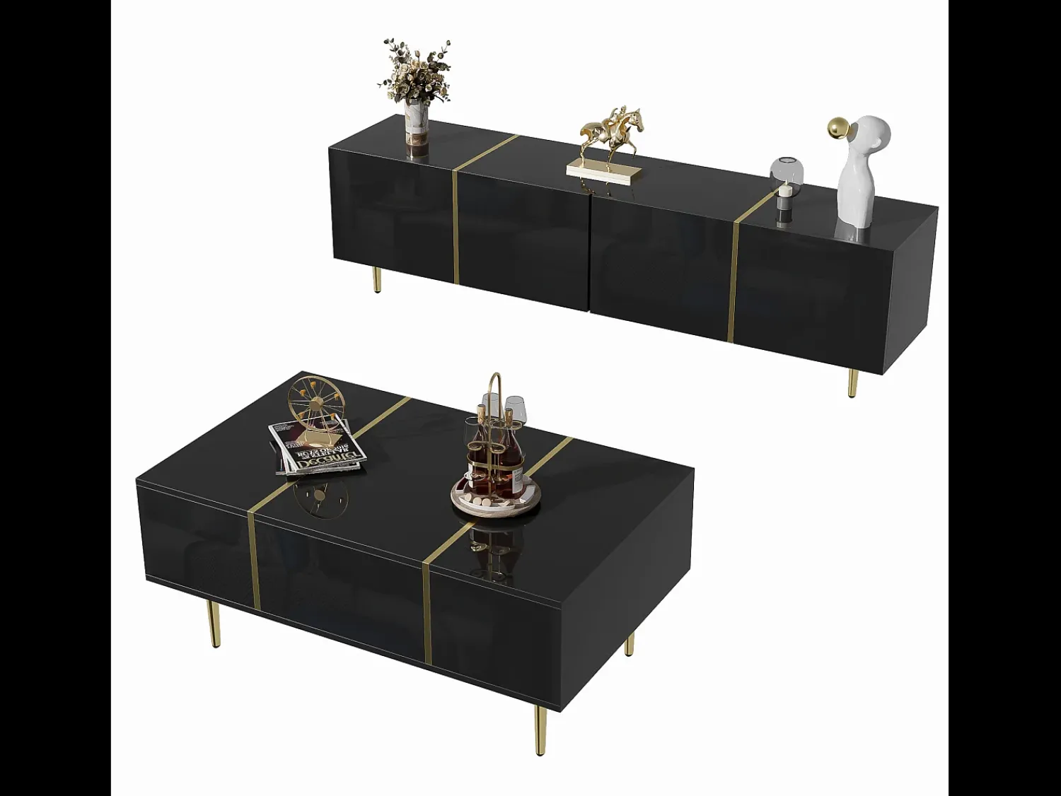 Hot Suporte de TV Brilliance e conjunto moderno de mesa de centro, armários de armazenamento, Preto