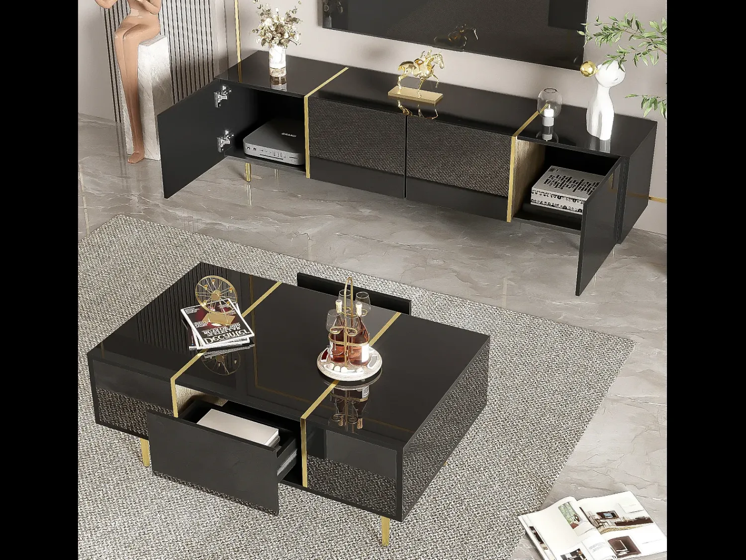 Hot Suporte de TV Brilliance e conjunto moderno de mesa de centro, armários de armazenamento, Preto