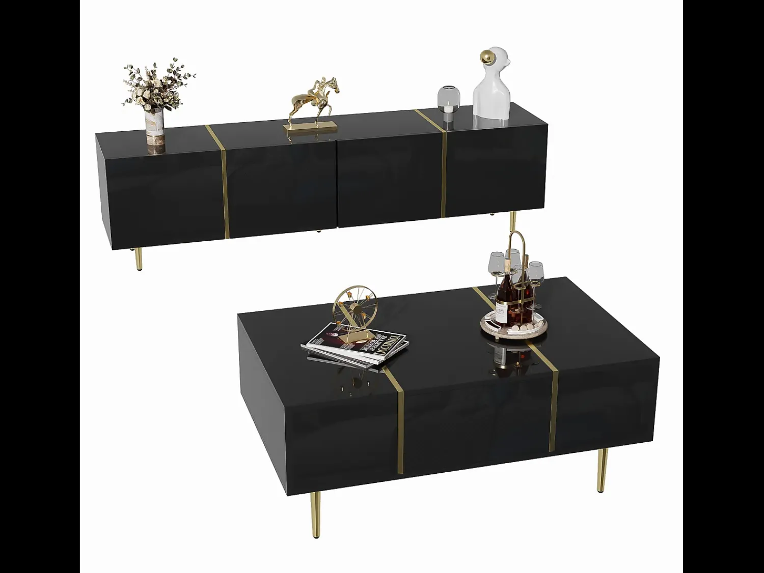 Hot Suporte de TV Brilliance e conjunto moderno de mesa de centro, armários de armazenamento, Preto