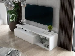 Clearance Dmora Suporte de TV Dabaka, Aparador deSala de estar, armário baixo para TV, base de parede equipada, 160x38h41 cm, e brilhante Branco