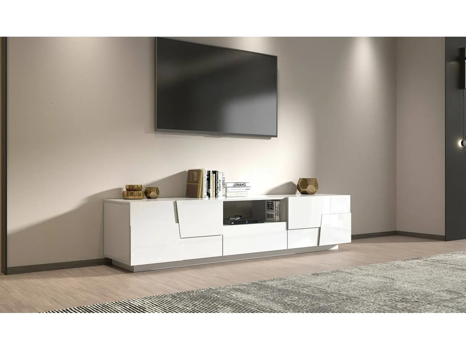 Hot Dmora Suporte de TV Dcortinovi, CredenzBaixa para sala de estar com 4 portas e 1 gaveta, Base de suporte para TV, 220x44h46 cm, brilhante Branco