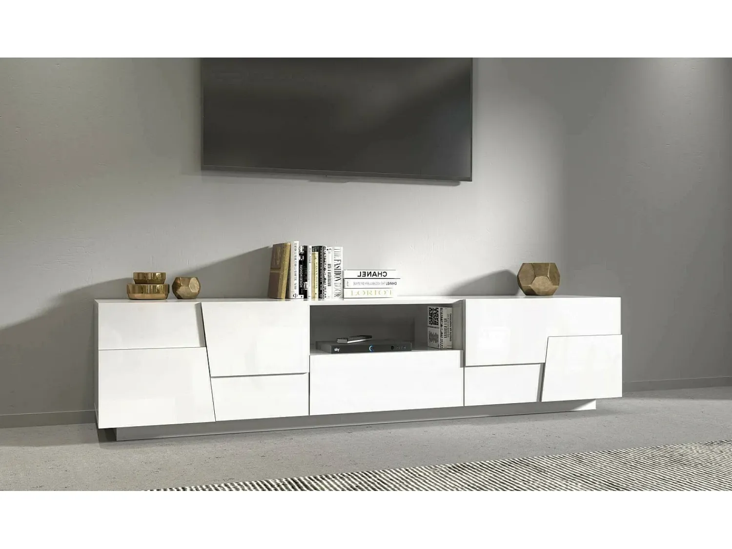 Hot Dmora Suporte de TV Dcortinovi, CredenzBaixa para sala de estar com 4 portas e 1 gaveta, Base de suporte para TV, 220x44h46 cm, brilhante Branco