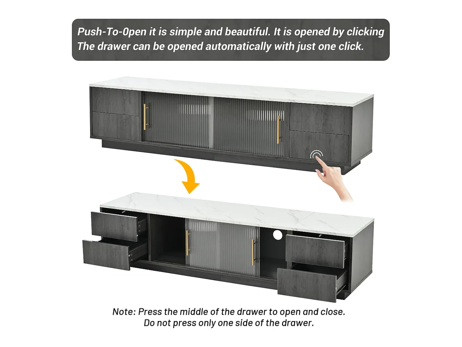 Móvel De Tv* Suporte de TV de luxo de 160 cm para TVs de 70", cinza, tampo de mármore, gerenciamento de cabos, gavetas com abertura por pressão. Cinzento