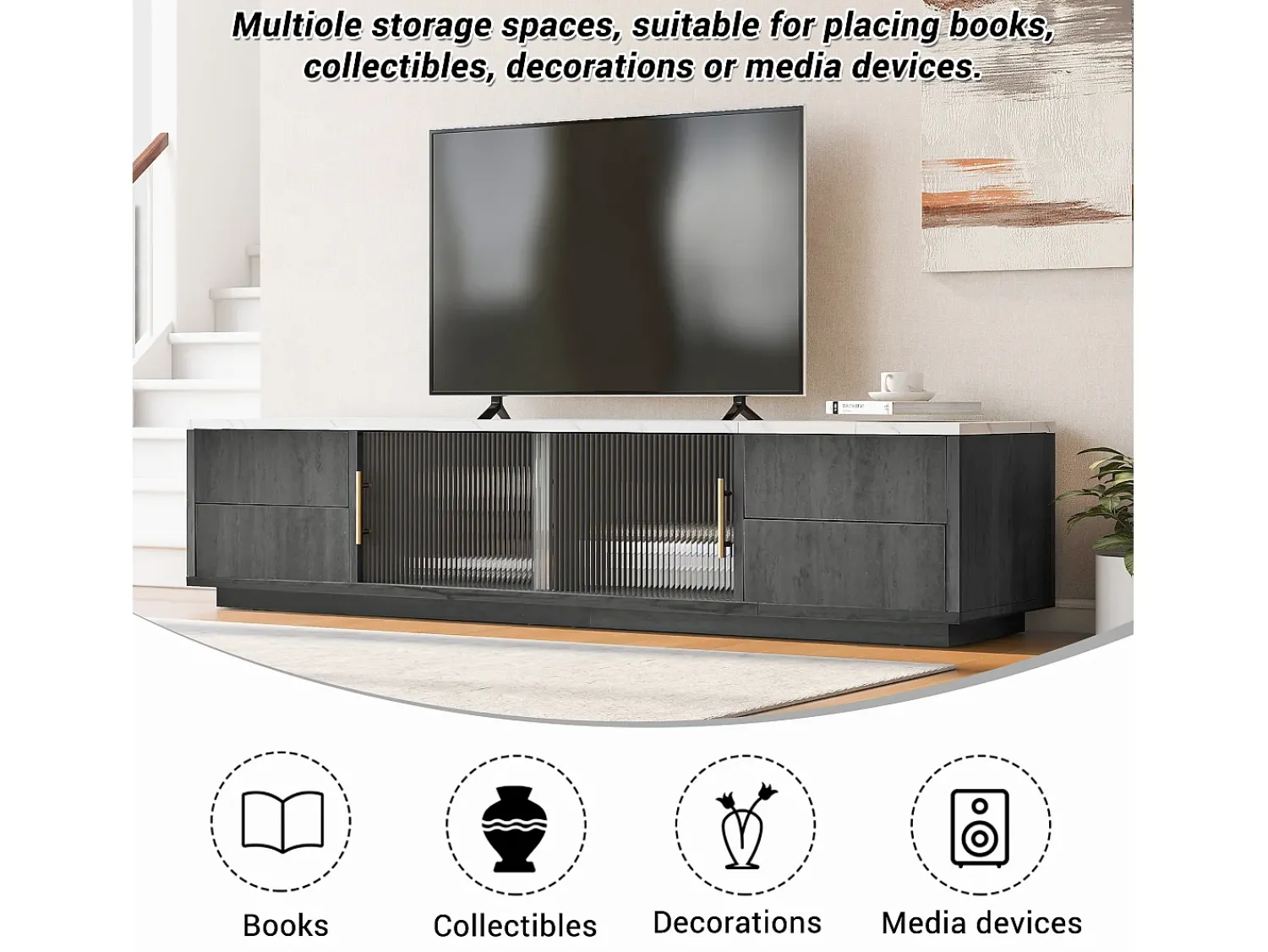 Móvel De Tv* Suporte de TV de luxo de 160 cm para TVs de 70", cinza, tampo de mármore, gerenciamento de cabos, gavetas com abertura por pressão. Cinzento