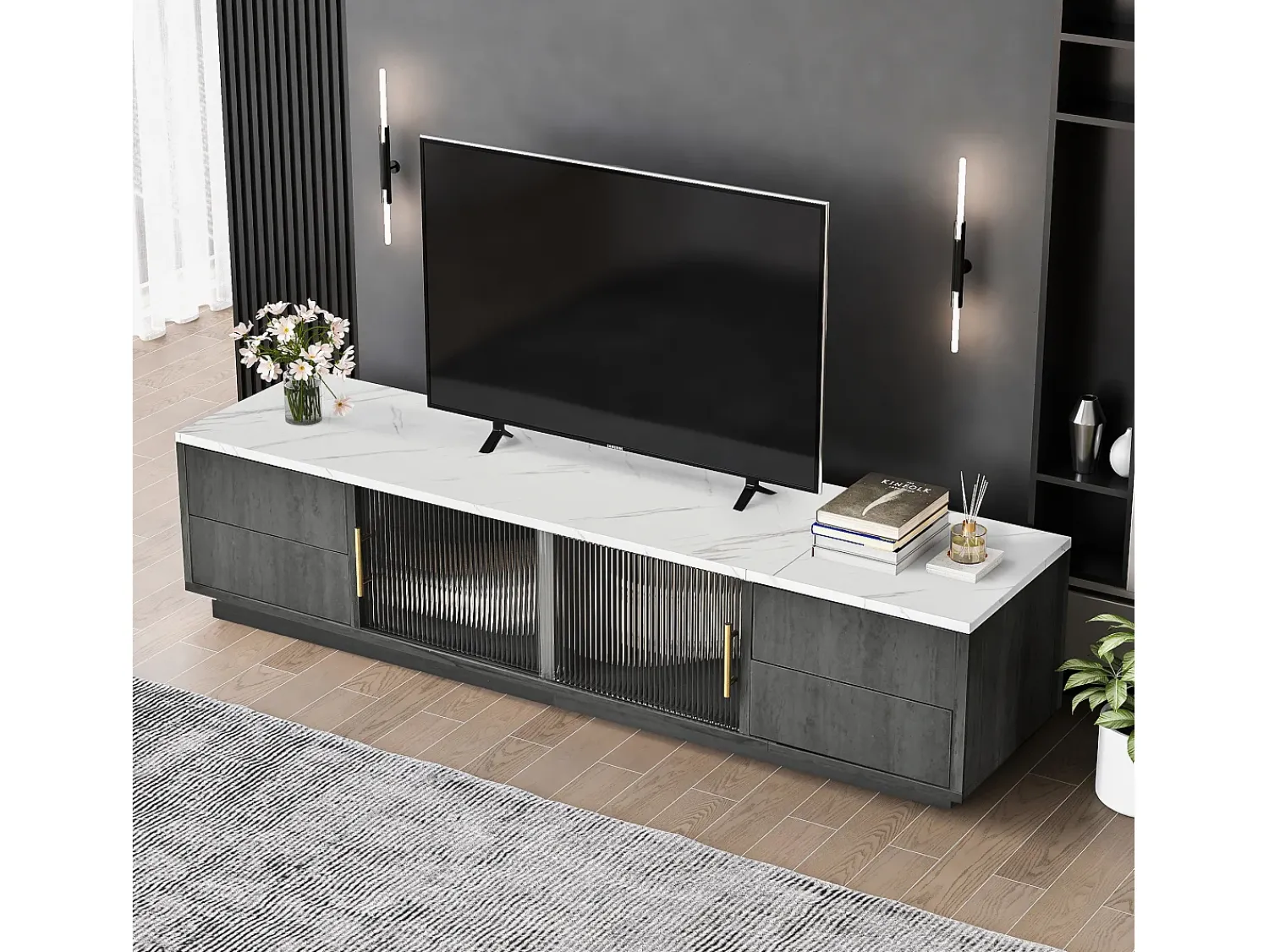 Móvel De Tv* Suporte de TV de luxo de 160 cm para TVs de 70", cinza, tampo de mármore, gerenciamento de cabos, gavetas com abertura por pressão. Cinzento