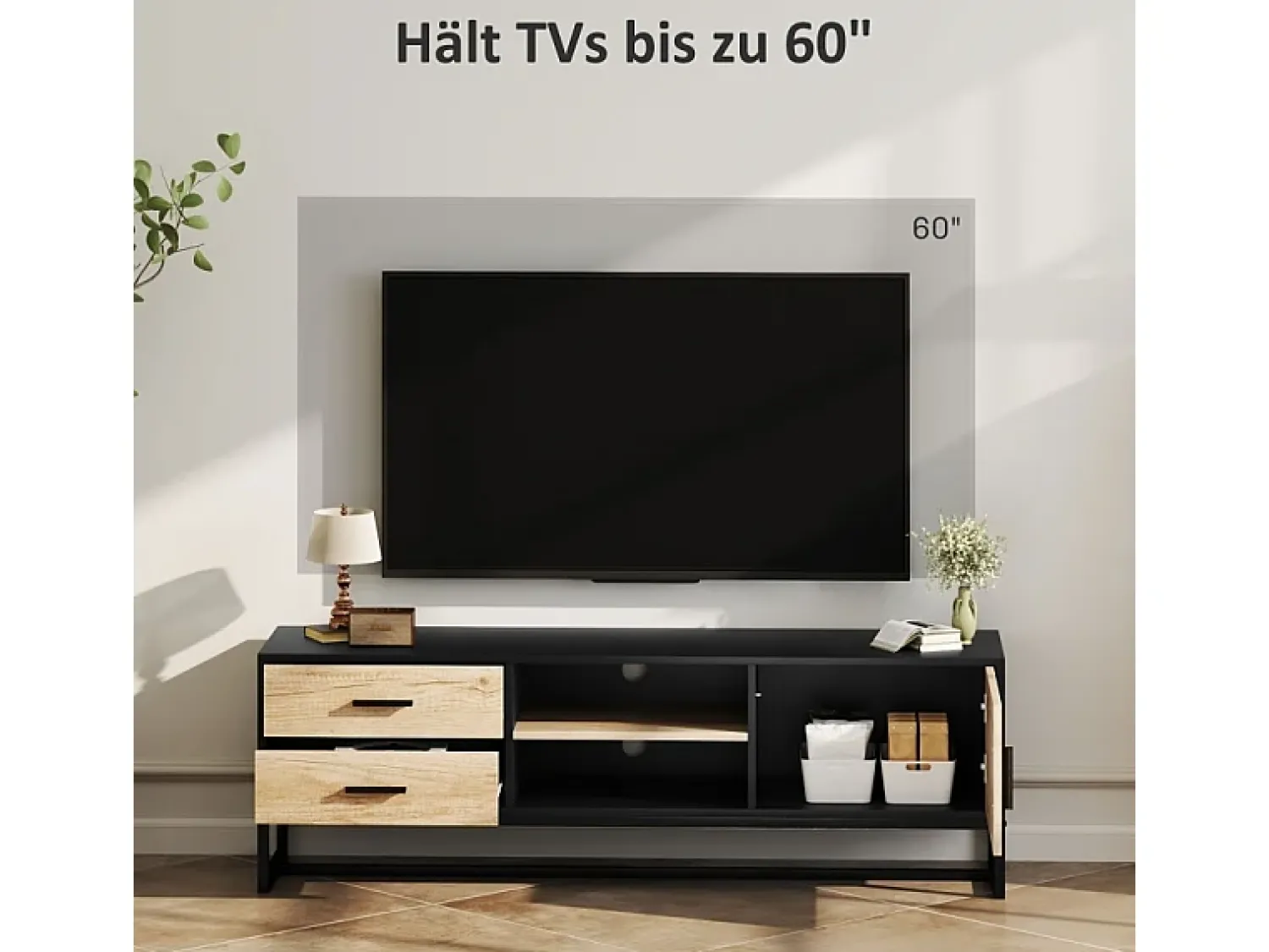Hot Suporte de TV de madeira com compartimentos abertos e 2 gavetas, para sala de estar ou quarto. Natural claro