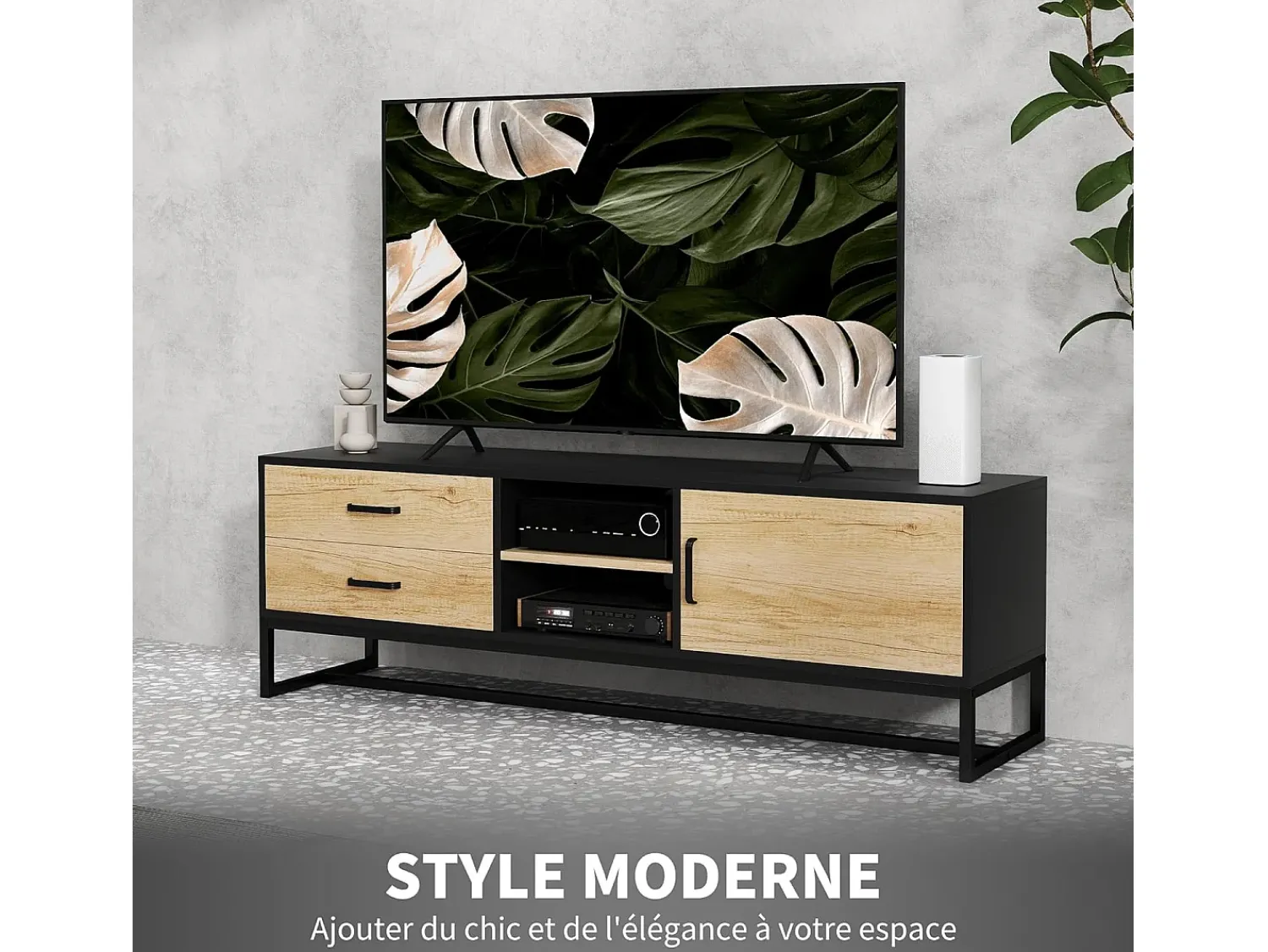 Hot Suporte de TV de madeira com compartimentos abertos e 2 gavetas, para sala de estar ou quarto. Natural claro