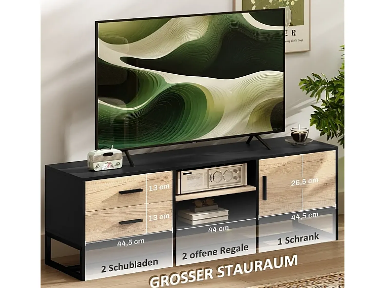 Hot Suporte de TV de madeira com compartimentos abertos e 2 gavetas, para sala de estar ou quarto. Natural claro