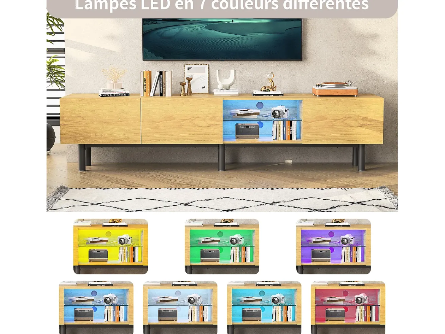 Online Suporte de TV de madeira com iluminação LED, portas e compartimento de armazenamento, para sala de estar, sala de jantar, quarto, madeira, 180 cm Natural claro