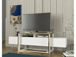 Clearance Dmora Suporte de TV Dgiacint, Aparador de sala, Armário de TV baixo, Base de parede equipada, 160x46h50 cm, e Dourado Branco